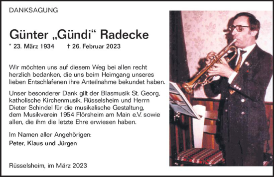 Traueranzeige von Günter Radecke von Rüsselsheimer Echo
