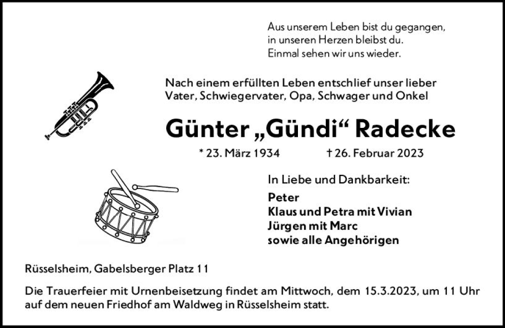  Traueranzeige für Günter Radecke vom 11.03.2023 aus Rüsselsheimer Echo
