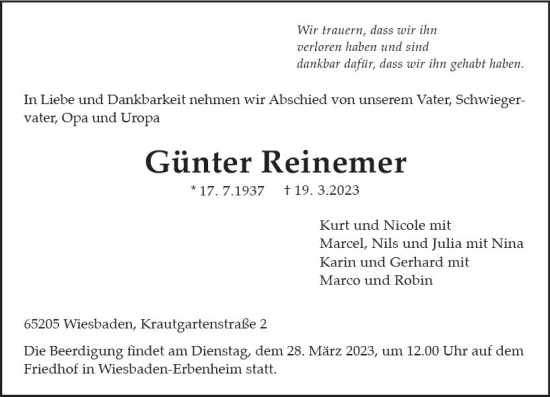Traueranzeige von Günter Reinemer von Wiesbadener Kurier