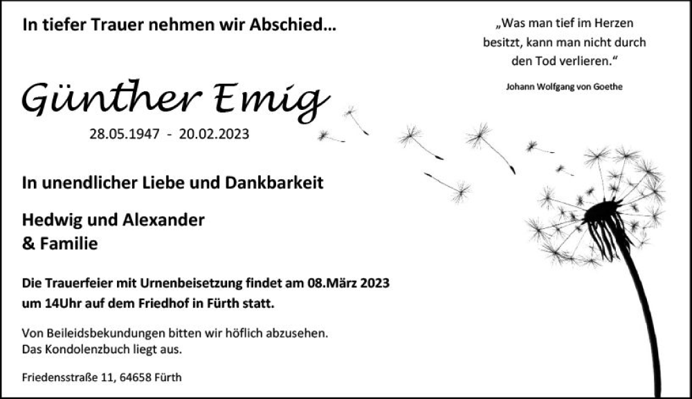  Traueranzeige für Günther Emig vom 04.03.2023 aus Starkenburger Echo