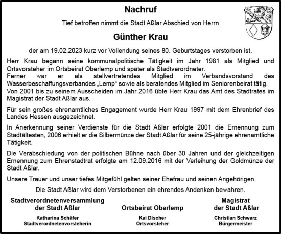 Traueranzeige von Günther Krau von Wetzlarer Neue Zeitung