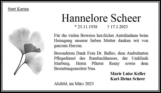 Traueranzeige von Hannelore Scheer von Oberhessen Kurier