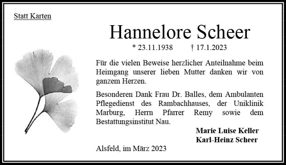 Traueranzeige für Hannelore Scheer vom 25.03.2023 aus Oberhessen Kurier