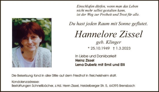 Traueranzeige von Hannelore Zissel von Odenwälder Echo