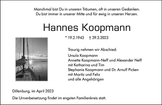 Traueranzeige von Hannes Koopmann von Dill Block