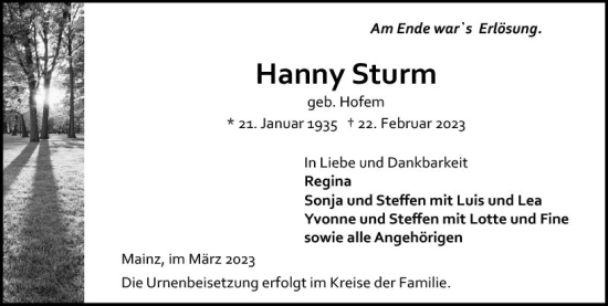 Traueranzeige von Hanny Sturm von Allgemeine Zeitung Mainz