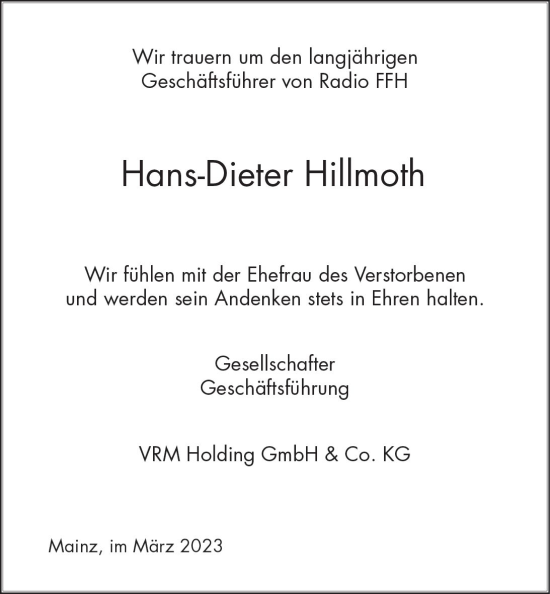 Traueranzeige von Hans-Dieter Hillmoth von Weilburger Tageblatt