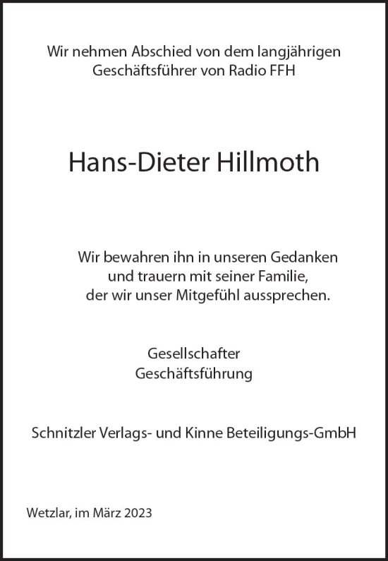 Traueranzeige von Hans-Dieter Hillmoth von Weilburger Tageblatt