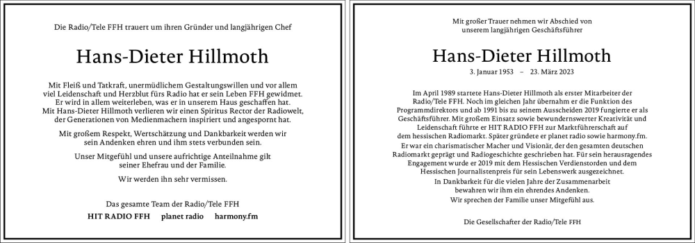  Traueranzeige für Hans-Dieter Hillmoth vom 29.03.2023 aus Weilburger Tageblatt