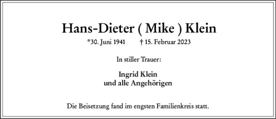 Traueranzeige von Hans-Dieter Klein von Wiesbadener Kurier