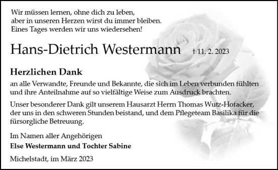 Traueranzeige von Hans-Dietrich Westermann von Odenwälder Echo