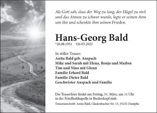 Traueranzeige von Hans-Georg Bald von Hinterländer Anzeiger