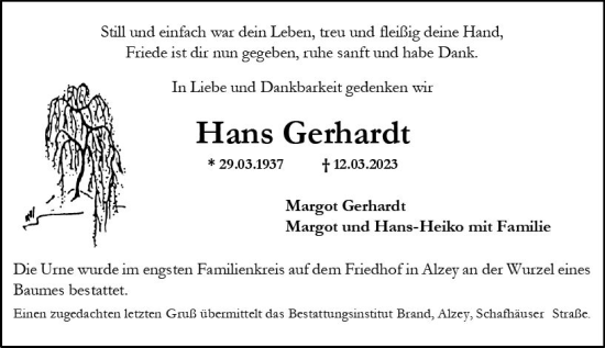 Traueranzeige von Hans Gerhardt von Allgemeine Zeitung Alzey