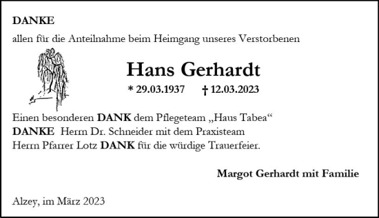 Traueranzeige von Hans Gerhardt von Allgemeine Zeitung Alzey