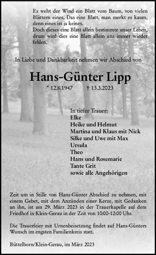  Traueranzeige für Hans-Günter Lipp vom 25.03.2023 aus Groß-Gerauer Echo