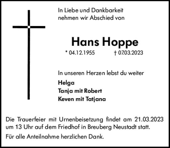 Traueranzeige von Hans Hoppe von Odenwälder Echo