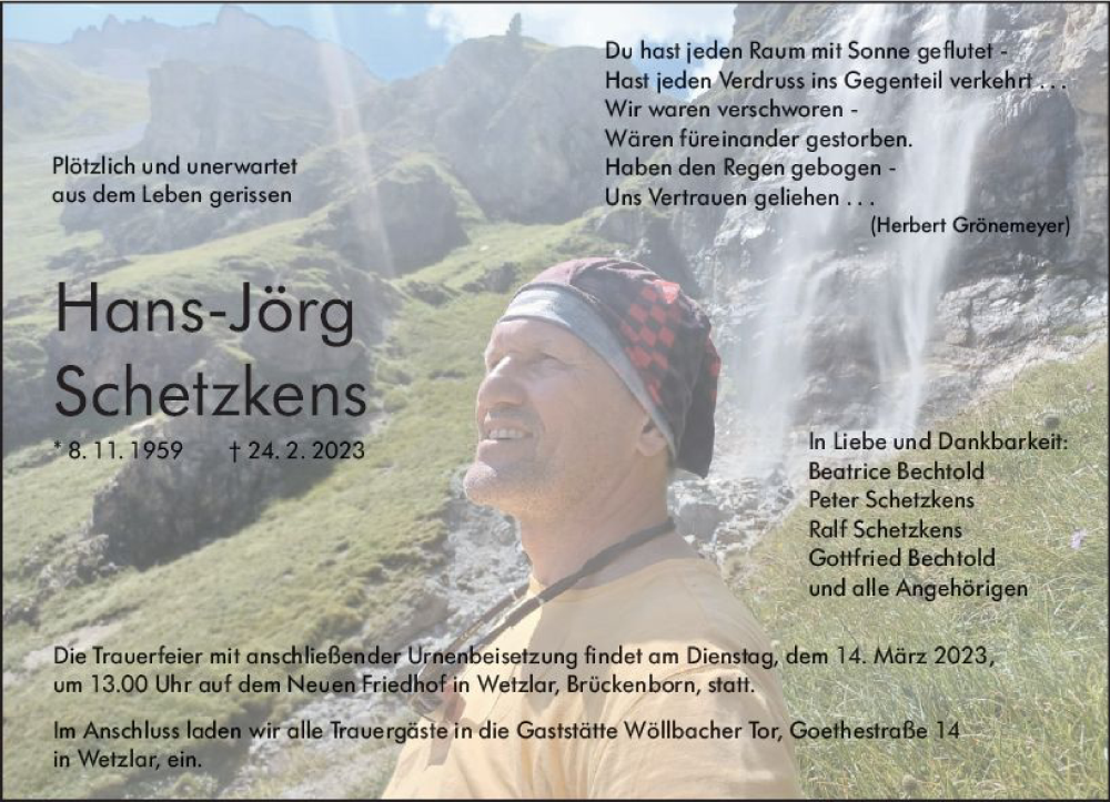  Traueranzeige für Hans-Jörg Schetzkens vom 04.03.2023 aus Wetzlarer Neue Zeitung