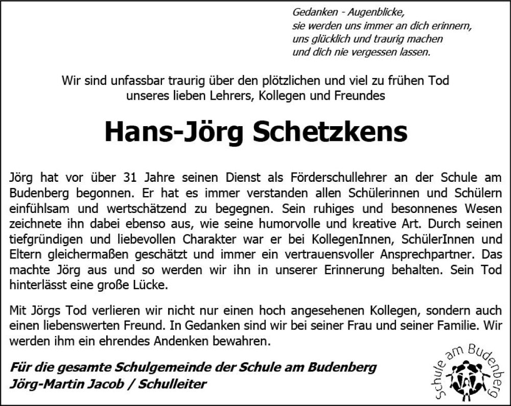  Traueranzeige für Hans-Jörg Schetzkens vom 09.03.2023 aus Dill Block