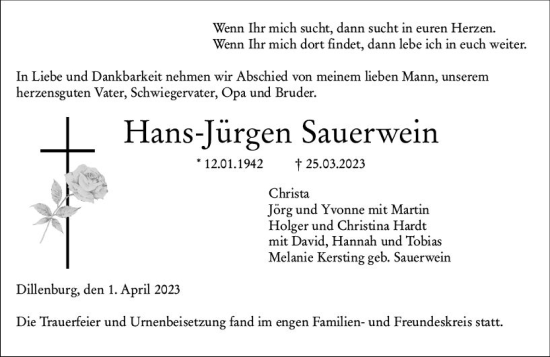 Traueranzeige von Hans-Jürgen Sauerwein von Dill Block