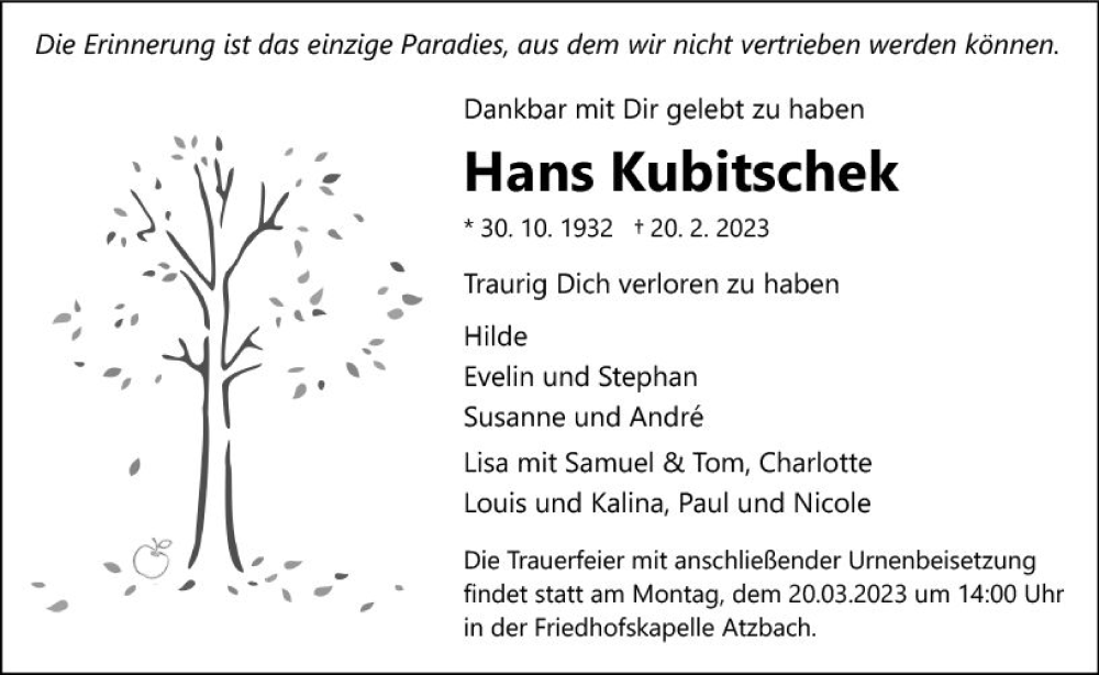  Traueranzeige für Hans Kubitschek vom 14.03.2023 aus Wetzlarer Neue Zeitung