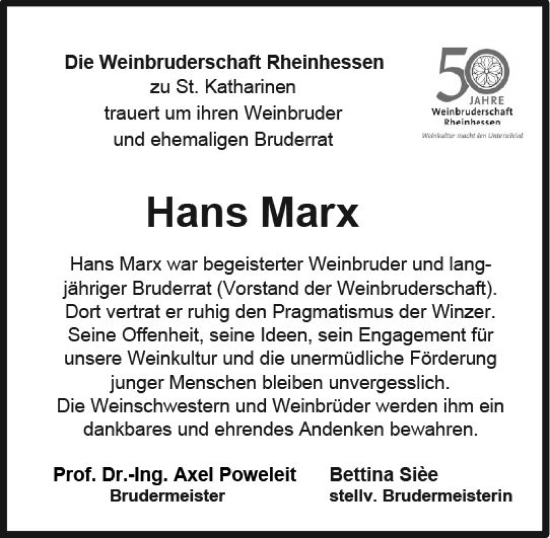 Traueranzeige von Hans Marx von Allgemeine Zeitung Alzey