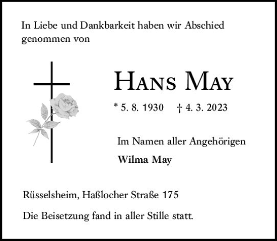Traueranzeige von Hans May von Rüsselsheimer Echo