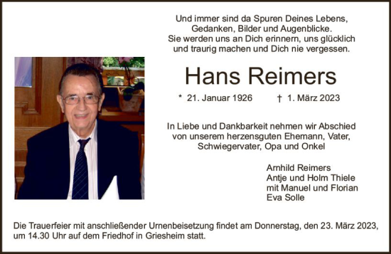 Traueranzeige von Hans Reimers von Darmstädter Echo