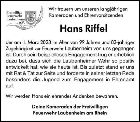 Traueranzeige von Hans Riffel von Allgemeine Zeitung Mainz