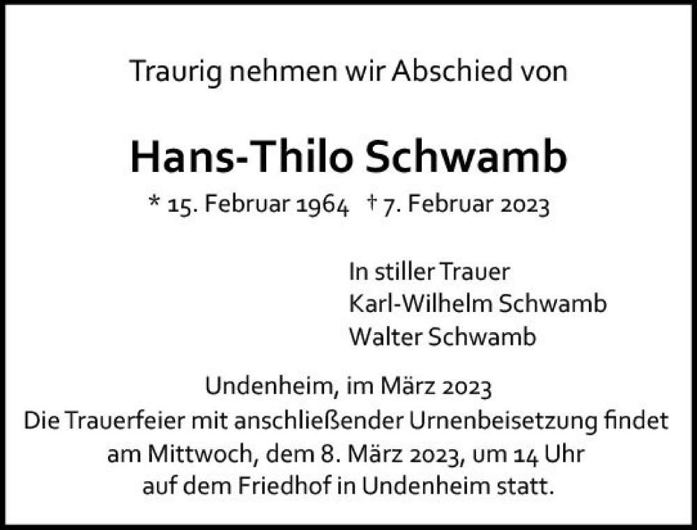  Traueranzeige für Hans-Thilo Schwamb vom 04.03.2023 aus Allgemeine Zeitung Mainz