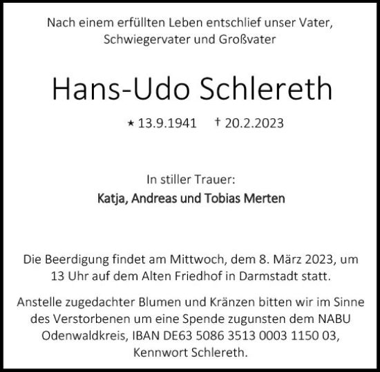 Traueranzeige von Hans-Udo Schlereth von Odenwälder Echo