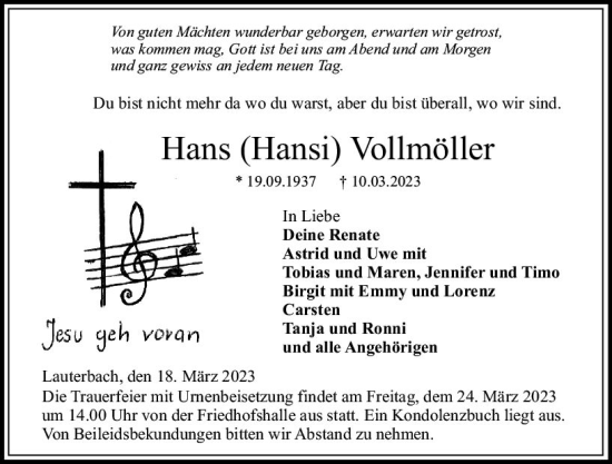 Traueranzeige von Hans Vollmöller von VRM Trauer