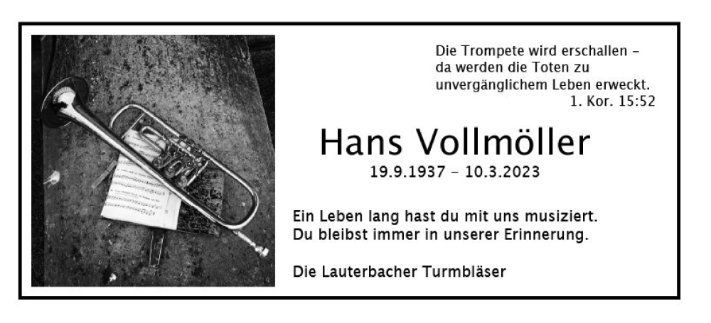  Traueranzeige für Hans Vollmöller vom 22.03.2023 aus VRM Trauer