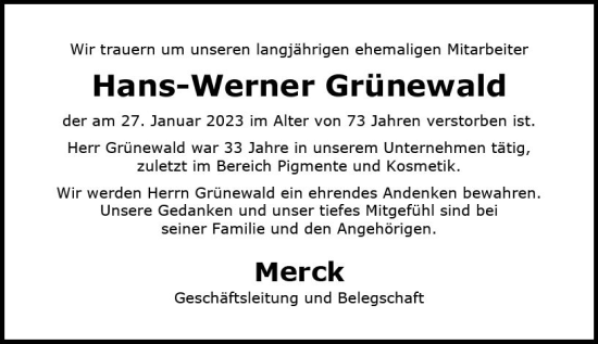 Traueranzeige von Hans-Werner Grünewald von Darmstädter Echo