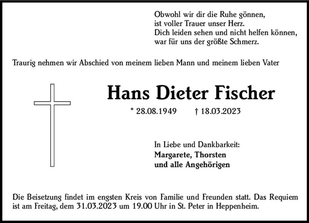  Traueranzeige für Hans Dieter Fischer vom 25.03.2023 aus Starkenburger Echo