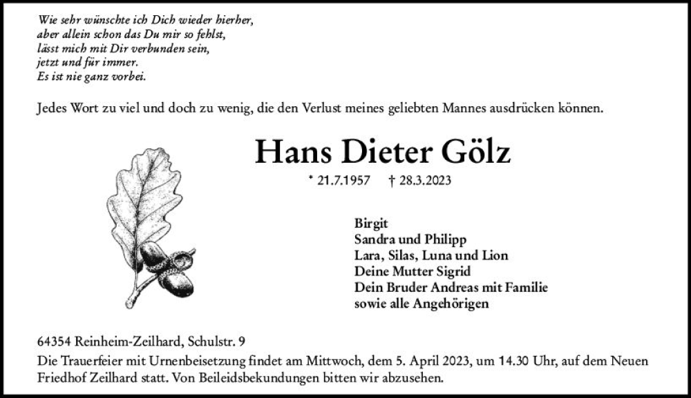  Traueranzeige für Hans Dieter Gölz vom 01.04.2023 aus Darmstädter Echo