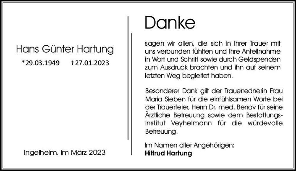  Traueranzeige für Hans Günter Hartung vom 11.03.2023 aus Allgemeine Zeitung Bingen/Ingelheim