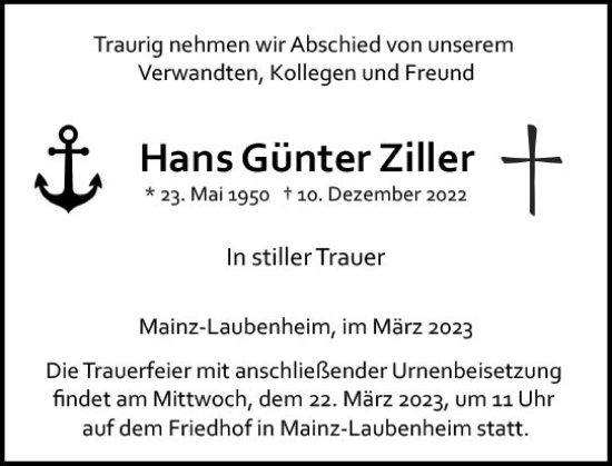 Traueranzeige von Hans Günter Ziller von Allgemeine Zeitung Mainz