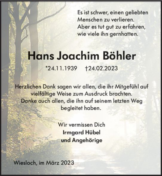 Traueranzeige von Hans Joachim Böhler von Allgemeine Zeitung Bingen/Ingelheim