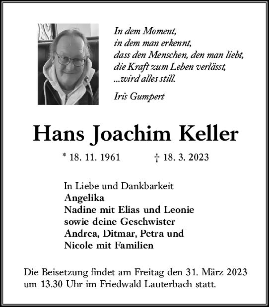  Traueranzeige für Hans Joachim Keller vom 28.03.2023 aus VRM Trauer