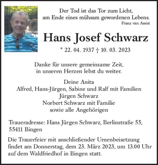 Traueranzeige von Hans Josef Schwarz von Bingen/Ingelheim WOBL inkl. Neue Binger Ztg.