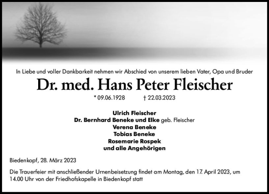 Traueranzeige von Hans Peter Fleischer von Hinterländer Anzeiger
