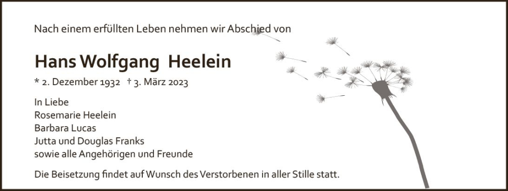  Traueranzeige für Hans Wolfgang Heelein vom 18.03.2023 aus Allgemeine Zeitung Mainz