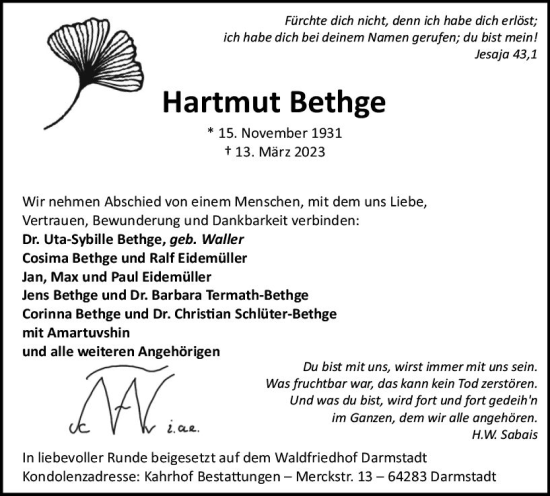 Traueranzeige von Hartmut Bethge von Darmstädter Echo