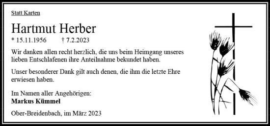 Traueranzeige von Hartmut Herber von Oberhessen Kurier