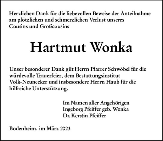 Traueranzeige von Hartmut Wonka von Allgemeine Zeitung Mainz