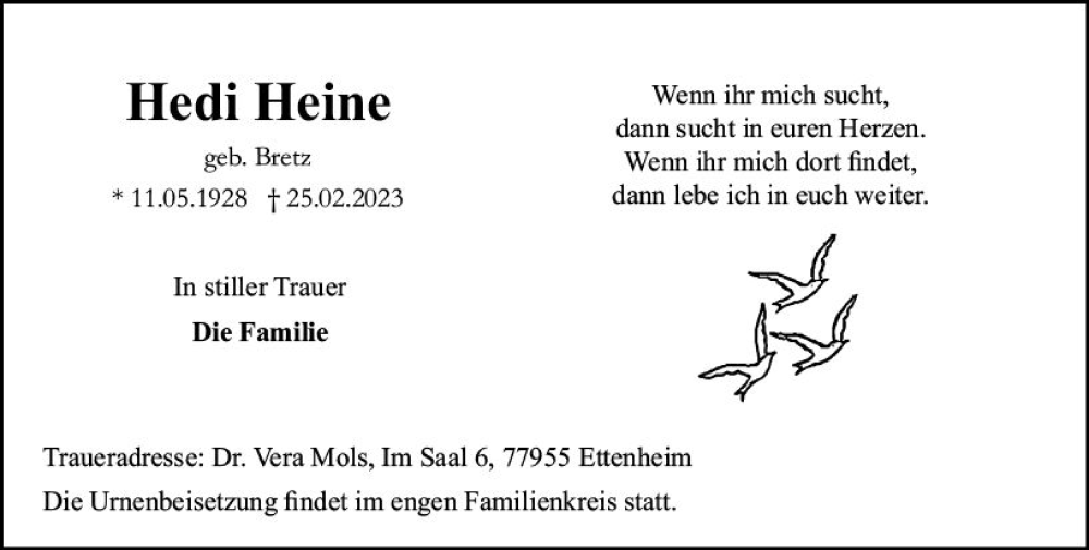  Traueranzeige für Hedi Heine vom 08.03.2023 aus Allgemeine Zeitung Alzey