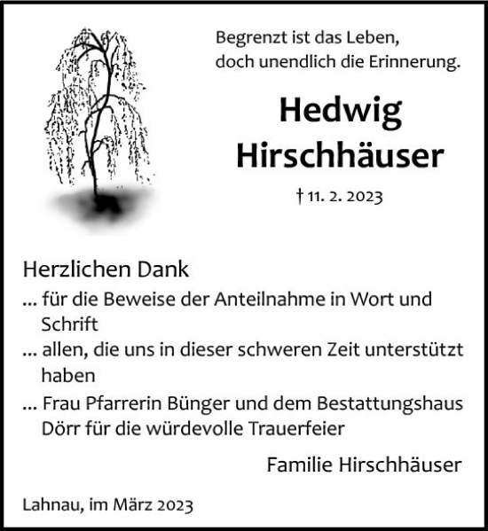 Traueranzeige von Hedwig Hirschhäuser von Wetzlarer Neue Zeitung