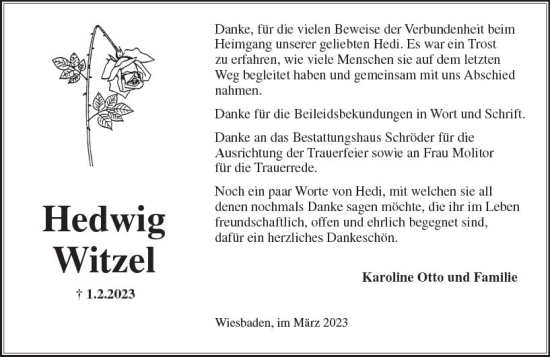 Traueranzeige von Hedwig Witzel von Wiesbadener Kurier
