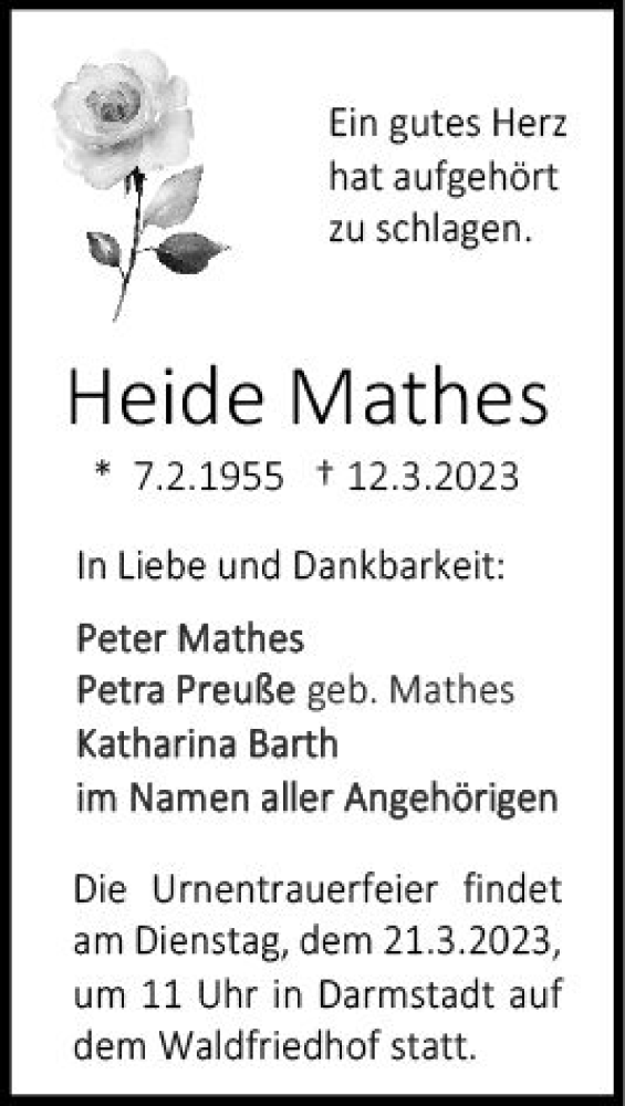  Traueranzeige für Heide Mathes vom 18.03.2023 aus Darmstädter Echo