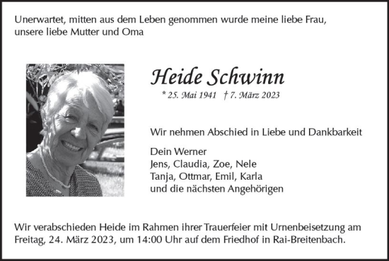 Traueranzeige von Heide Schwinn von Odenwälder Echo
